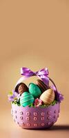 3D Render of Colorful Egg Shapes, Flowers inside Basket With Pink Silk Bow Ribbon On Pastel Brown Background And Copy Space. Happy Easter Day Concept. photo
