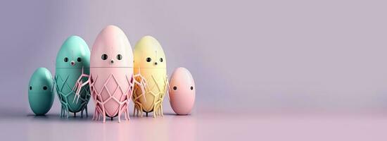 3D Render of Robotic Egg Shapes On Pastel Purple Background. Happy Easter Day Concept. photo