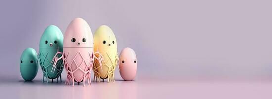 3D Render of Robotic Egg Shapes On Pastel Purple Background. Happy Easter Day Concept. photo