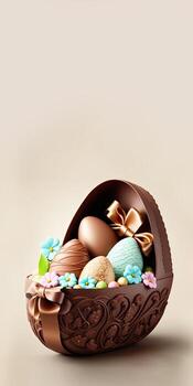 3D Render of Colorful Egg Shapes With Flowers Inside Open Box With Brown Silk Ribbon Against Cosmic Latte Background And Copy Space. Happy Easter Day Concept. photo