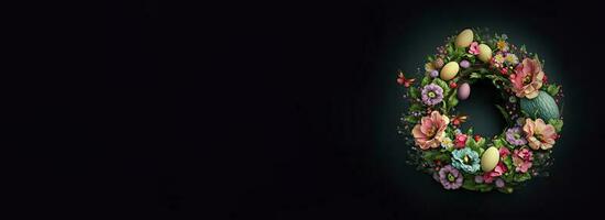 3D Render of Beautiful Butterflies, Floral Nest With Eggs Against Black Background And Copy Space. photo