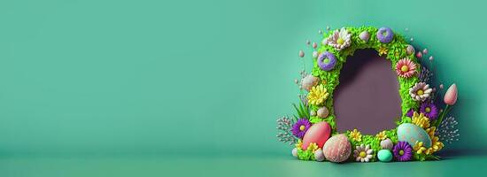 3D Render of Colorful Flowers And Eggs Decorated Oval Arch Against Green Background And Copy Space. photo