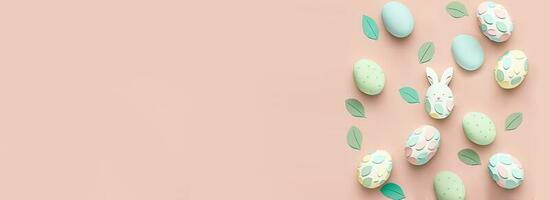 3D Render of Pastel Color Printed Eggs, Leaves, Bunny Cartoon On Pink Background And Copy Space. photo