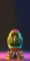3D Render of Shiny Colorful Floral Easter Egg Stand or Pedestal Against Pink And Brown Background And Copy Space. Happy Easter Day Concept. photo
