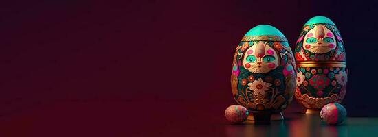 3D Render of Matryoshka Dolls Against Reflection Dark Background And Copy Space. Easter Concept. photo