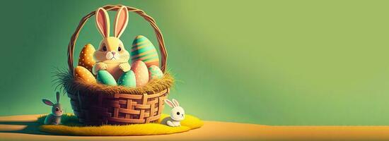 3D Render of Cute Baby Rabbits Or Bunnies Characters With Printed Eggs Basket On Grass And Copy Space. Happy Easter Day Background. photo