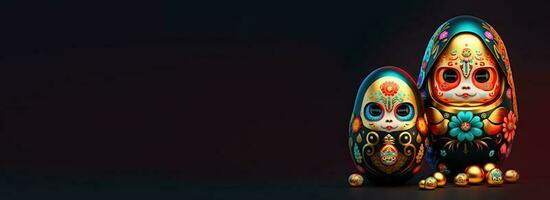 3D Render of Matryoshka Dolls Dark Background And Copy Space. Easter Concept. photo