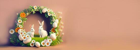3d hacer de Pareja conejito personaje con margarita flor, huevo decorativo circular arco en contra pastel marrón antecedentes y Copiar espacio. foto