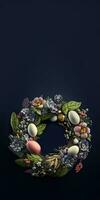 3D Render of Colorful Floral Eggs Nest Against Dark Background And Copy Space. photo