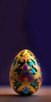 3D Render of Colorful Floral Egg On Brown And Purple Background. Easter Day Concept. photo