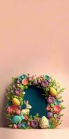 3d hacer de vistoso flor, huevo decorativo circular arco con conejito personaje en contra pastel rosado antecedentes y Copiar espacio. contento Pascua de Resurrección concepto. foto