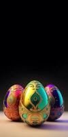 Colorful Paper Floral Easter Eggs On Purple And Brown Background And Copy Space. Happy Easter Day Concept. 3D Render. photo