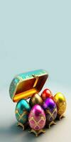 3D Render Of Shiny Colorful Floral Egg Stand With Open Box And Copy Space. Easter Concept. photo