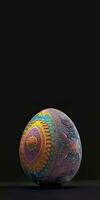 3D Render of Colorful Floral Egg Against Black Background And Copy Space. Happy Easter Concept. photo