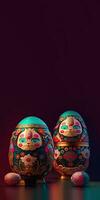 3D Render of Matryoshka Dolls Against Reflection Dark Background And Copy Space. Easter Concept. photo