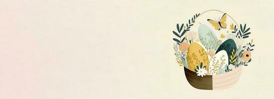 plano estilo floral Pascua de Resurrección huevo cesta con mariposa personaje en contra cósmico latté antecedentes y Copiar espacio. contento Pascua de Resurrección concepto. foto