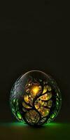 3D Render of Burning Floral Egg Against Dark Background And Copy Space. Easter Concept. photo