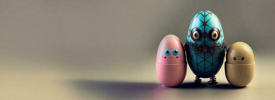 3D Render Of Scary Robotic Egg Characters Against Pastel Brown Background And Copy Space. photo