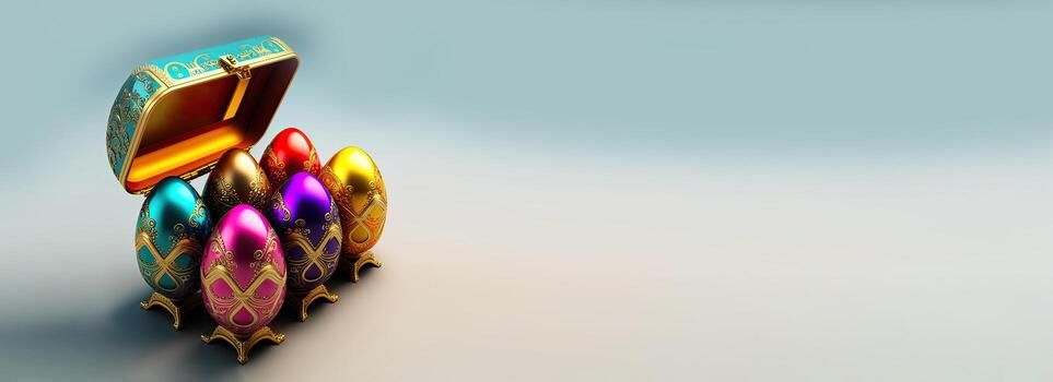 3D Render Of Shiny Colorful Floral Egg Stand With Open Box And Copy Space. Easter Concept. photo