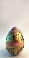 3D Render Of Shiny Golden And Pink Floral Egg And Copy Space. Easter Concept. photo