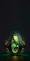 3d hacer de iluminar floral huevo en contra oscuro antecedentes y Copiar espacio. Pascua de Resurrección concepto. foto