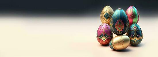 3D Render of Colorful Floral Easter Eggs on Reflection Shiny Brown Background And Copy Space. Happy Easter Day Concept. photo