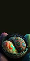 Colorful Floral Easter Eggs Basket On Dark Background And Copy Space. Happy Easter Day Vertical Template Or Standee Poster Design. photo