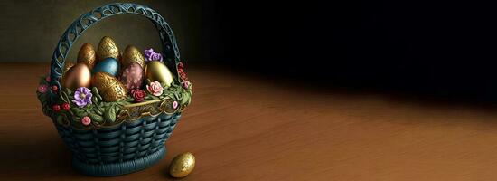 Easter Eggs With Flower In Basket On Brown Wooden Texture Background And Copy Space. Easter Day Concept. photo