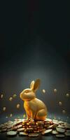 3D Render of Cute Golden Rabbit Or Bunny Character Sitting Gold Coins Against Shiny Black Background And Copy Space. photo