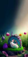 3D Render of Cute Bunny Character Siting Against Shiny Egg Shape Flower Landscape And Copy Space. Easter Day Concept. photo