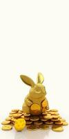 3D Render Of Cheerful Cute Golden Rabbit Character Sitting Gold Coins And Copy Space. photo