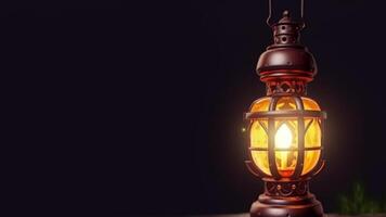 Illustration of Illuminate Arabic Lamp on Dark Nature Background and Copy Space. Eid Mubarak Concept. photo