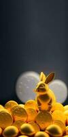 3D Render Of Cute Golden Rabbit or Bunny Character Standing On Gold Coins Against Blur Black Background And Copy Space. photo