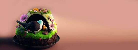 3d hacer de linda aves personaje en contra huevo forma flor paisaje en pastel rosado antecedentes y Copiar espacio. Pascua de Resurrección concepto. foto