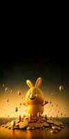 3D Render Of Cheerful Cute Golden Rabbit Character With Flying Gold Eggs And Coins And Copy Space. photo