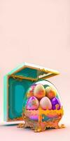 3D Render of Colorful Floral Eggs Inside Glassware, Open Box On Pastel Pink Background And Copy Space. Easter Concept. photo