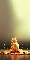 3D Render Of Cute Golden Rabbit or Bunny Character Standing On Gold Coins Against Shiny Background And Copy Space. photo