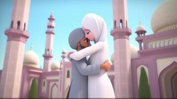 3d hacer de adorable musulmán Pareja personaje abrazando y de cerca mezquita antecedentes. eid Mubarak concepto. generativo ai. foto