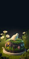 3D Render of Cute Bird Character Sitting On Night Flower Circle Landscape And Copy Space. photo