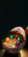 3D Render of Glowing Floral Egg Stand And Copy Space. Easter Concept. photo