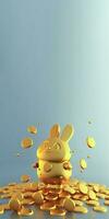 3D Render Of Cheerful Cute Golden Rabbit Character Standing On Gold Coins Against Pastel Blue Background And Copy Space. photo