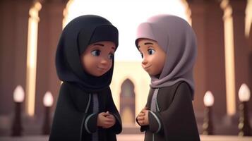 disney estilo, adorable tradicional Arábica muchachas vistiendo hijab en saluda actitud y borroso mezquita fondo, eid Mubarak concepto. generativo ai. foto