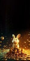 3D Render Of Cheerful Cute Golden Rabbit Character With Flying Gold Eggs And Coins And Copy Space. photo