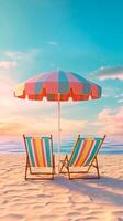 Tranquil sunset scenery of a couple sun bed loungers and umbrella. Luxury vacation travel beach concept. photo