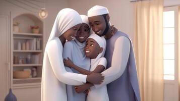 3d hacer de adorable africano musulmán familia personaje abrazando y deseando cada otro. eid Mubarak concepto, generativo ai. foto