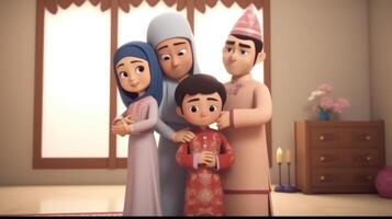 adorable disney estilo avatar de tradicional atuendo asiático musulmán familia personaje juntos. eid Mubarak concepto, generativo ai. foto