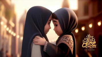 adorable disney estilo avatar de árabe muchachas abrazando y deseando cada otro para eid Mubarak concepto, generativo ai. foto