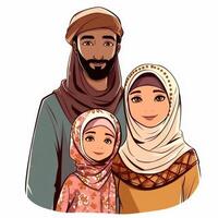 adorable dibujos animados avatar de tradicional atuendo árabe familia juntos, eid Mubarak concepto. generativo ai foto