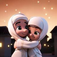 Disney Style Cute Muslim Kids Character Hugging and Wishing Each Other, Cityscape Building on Shiny Background. Eid Mubarak Concept, . photo