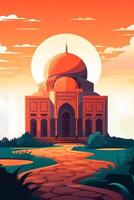 Mosque Illustration and Sun Landscape on Background, Eid Mubarak Concept, . photo